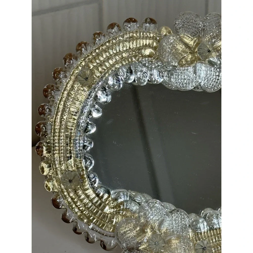 Vintage Venetian Style Murano Art Glass Mirror Tabletop Easel Back Italy 7x8 MCM